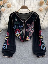 Women s T Shirt Bohemian Blouse Embroidered Top Spring Summer V neck Loose Lantern Sleeves Ethnic Cotton Linen Shirt Female Blusa D1105 230718