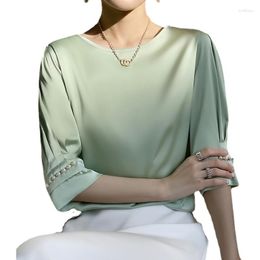 Women's Blouses Half Sleeve Satin Women Elegant Bead Work Shirts Tops And Bloues