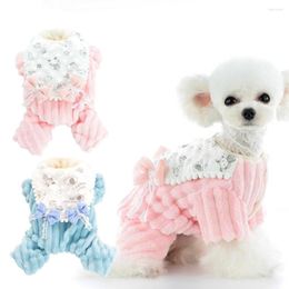 Dog Apparel Cat Jumpsuit Bow-knot Decor Striped Pet Winter Clothes Thick Bib Four Legs Round Neck Romper For Daily Wear