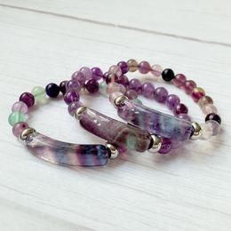 Strand Natural Stone Beads Bracelet Reiki Healing Amethysts Purple Green Fluorite Quartz Crystal Rectangle Bar Charms Bracelets