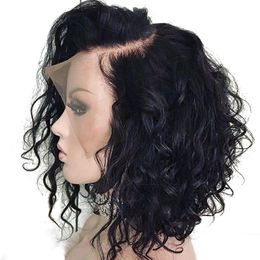 Bythair Short Wavy Bob 13X6 HD Lace Front Human Hair Wigs Bleached Knots Virgin Brazilian Pre Plucked Natural Black Colour Hairline239U