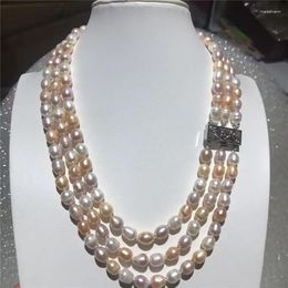 Chains 3 Strds Natural Freshwater Pearl Multi Colours Rice Necklace 9-10MM 18inches