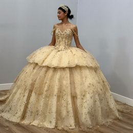 Gold Sparkly Princess Quinceanera Dresses Ball Gown Birthday Gown Applique Lace Tulle Lace-Up Sweet 16 Dresses vestidos de 15