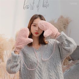 Five Fingers Gloves Pink Beige Fashion Women Plush Faux Fur Windproof Thicken Warm Mittens Winter Soft Stretch Hand Warmer1