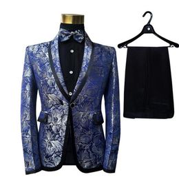 Men's Suits & Blazers Fashion Shawl Lapel Blue Floral Pattern Jacquard Banquet Singers Slim Fit Suit Men Costume Homme Latest343d