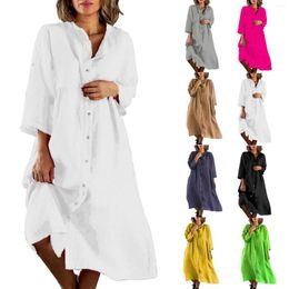 Casual Dresses Women's Cotton And Linen Solid Colour Standing Collar Button Long Dress