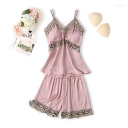 Women's Sleepwear Pink 2PCS Summer Pajamas Sets Sexy Womens Satin Lace V-Neck Strap Top&Shorts Pijamas Suit Chest Pads Intimate Lingerie