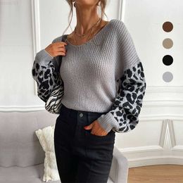 Women's Sweaters V-neck Knit Pullover Top Loose Lazy Leopard Print Stitching Sweater for Women Korean Fashion Tops Y2k Oversized Sweater L230718