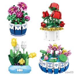 Blocks Mini Potted Building Blocks Flower Rose Tulip Plant Bonsai Bouquet Model Ornaments Children's Educational Toys Girlfriend Gift R230718