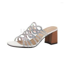 Sandals Women Summer Pattern Rhinestone Decoration Fashion Shiny Square Heel Thick Comfortable Non Slip Large Size