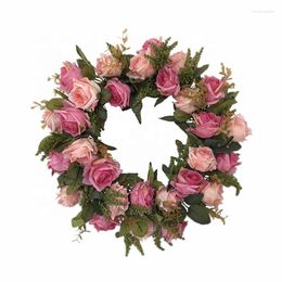 Decorative Flowers High Quality Indoor 17 Inch Two Color Artificial Silk Rose Flower Twig Base Wreath For Wedding Door Decoration