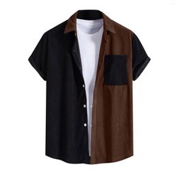 Men's Casual Shirts Fashion For Men 2023 Clothing Patchwork Youth Lapel Short Sleeved Shirt Corduroy Striped