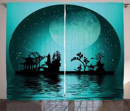 Curtain Landscape With Moon And Stars In The Night Sky Curtains For Girl Kids Room Living Bedroom Window Green