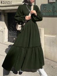 Ethnic Clothing ZANZEA Fashion Women Elegant Solid Dubai Turkey Abaya Sundress Hijab Muslim Ruffles Dress Autumn Long Sleeve Maxi 230718