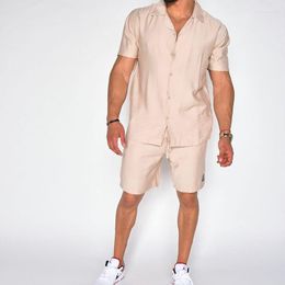 Men's Tracksuits Summer T-shirts And Shorts Suit Male Cotton Linen Solid Colour Short Sleeve Button Shirt Beach Two Sets