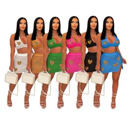 NEW Designer Wholesale Women Dress Sets Summer Outfits Sexy Backless Halter Crop Top and Mini Split Skirt Two Piece Sets Hollow Out Skirt suits Beach Wear 10035