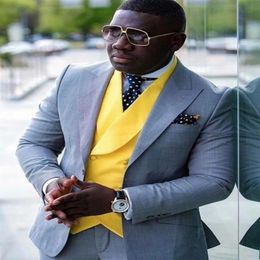 Grey Jacket Pant Yellow Vest Men Suits Groom Slim Fit Tuxedos Wedding Groomsman 3 Pieces Terno Masculino Blazer Costume Homme Men&260k