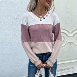 Women's Sweaters New Fall 2022 Long Sleeve Pullover Matching Colour V-neck Waffle Knit Women Oversized Sweater Blusa De Frio Feminina L230718