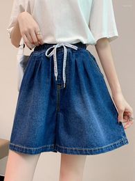 Women's Shorts FTLZZ Summer Women Vintage Lace-up Elastic High Waist Denim Lady Fashion Loose Wide Leg Straight