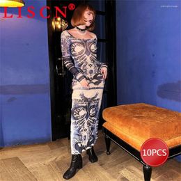 Casual Dresses 10 Pcs Bulk Items Wholesale Lots Women Fall 2023 Long Sleeve Printing O-neck Bodycon Mesh See Through Maxi Dress K11829