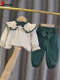 Clothing Sets Cotton Linen Lotus Leaf Shirt Girls Conjunto Elegant Long Sleeve Tops Children 2 Piece Sets Casual Baggy Bow Jogger Pants Outfit