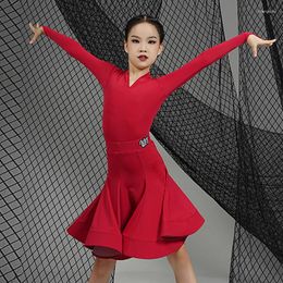 Stage Wear Girls Latin Dance Clothes V Neck Long Sleeves Red Yellow Suit Children Cha Competition Dress Rumba Samba DNV18226