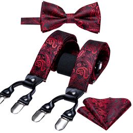 Suspenders Suspender for Men Solid Red Silk Bowtie Set Cufflinks Elastic Wedding Suspender 6 Clips Bow Tie for Christmas Party Barry.Wang 230717