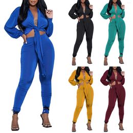 Women's Two Piece Pants Solid Colour Cardigan Tie Long Sleeved Fashionable Dressy Jumpsuits For Women Evening Party Romper Womens Suite