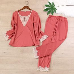 Women's Sleepwear Freshing Summer Imitation Silk Women Pyjamas Long Sleeve Trousers Suit Sexy Lace Pajama Set