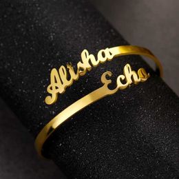 Customized Personalized Adjustable Couples Name Stainless Steel Gold Silver Color Bracelets for Women Custom Nameplate Bangle L230620