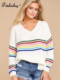 Women's Sweaters Fitshinling Winter Fashion Women's Sweaters 2022 Rainbow Striped Slim Pullovers Korean Style Knitted Jumper V Neck Pull Femme L230718