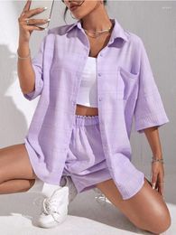 Women's Tracksuits Purple Suit Shorts And Shirt For Women 2023 Summer Casual Two-piece Set Short Sleeve Buttons Shirts Tracksuit Outfits