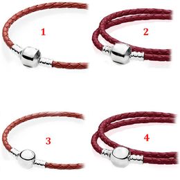 Genuine 925 Sterling Silver Fit Pandora Bracelet Leather Cord Red Square Head Round Head Accessory Bracelet DIY Bead Love Heart Bl244a