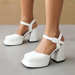 Sandals PXELENA 2023 Summer Vintage Women Ankle Strap Chunky Block High Heels Square Toe Office Lady Shoes Plus Size 34-43 White