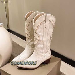 2022 Fashion Leather Embroidery Women Mid Calf Western Boot Cowboy Pointed Toe Knee High Pull on Boots Ladies Autumn Botas Mujer L230704