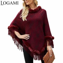 Women's Sweaters LOGAMI Women's Shl Cloak Sweater Fur Collar Tassel Coat Oversized Pullover L230718