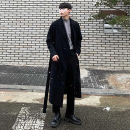 Men's Wool Blends Korean-style Belt Trench Men Classic Black Casual Long Windbreaker Winter Thick Turn-down Collar Jacket Coats Fashion Trenchcoat HKD230718