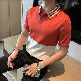 Men's Polos British Style Spliced Polo Shirt For Men High Quality Ice Silk Knitted Short Sleeved T-shirt Business Casual Lapel Tee Tops 2023