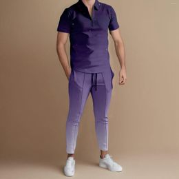 Men's Tracksuits Casual Sports Slim Fit Suit Solid Colour Short Sleeved Zipper Neckline Shirt Loose Drawstring Long Pants Two Piece