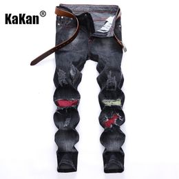 Men's Jeans Kakan Nostalgic Straight Tube European and American Torn Hole Cut Rag Patch Stretch Men K029704 230718