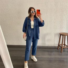 Hot Sell INS Fashion Women Casual Suits Double Crepe Loose Plus Size Lapel Single Breasted Pockets Long Sleeve Shirts