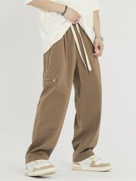 Spring Summer Men's Cotton Sweatpants Zip Pockets Straight Cargo Pants Steetwear Wide Leg Joggers Male Casual Work