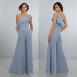 Fashion Jumpsuit Bridesmaid Dresses Ruffled One Shoulder Wedding Guest Dress Floor Length Chiffon Pant Suits Plus Size Maid Of Hon276z