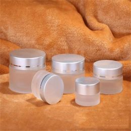 Frosted Glass Cream Jar Refillable Cosmetic Bottle Sample Empty with Silver Lids and Inner Liners 5g 10g 15g 20g 30g 50g