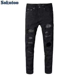 Sokotoo Men's slim skinny crystal rhinestone patchwork ripped jeans Fashion patch black stretch denim pants233d