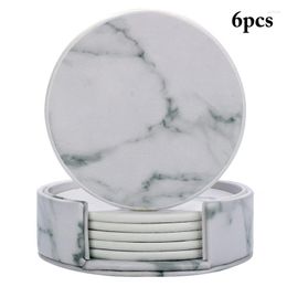 Table Mats 6pcs Marble Coasters Leather Cup Drinking Tea Pad Round Mat Coffee Place
