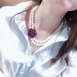 Chains 2rows Freshwater Pearl Necklace White Near Round 44-46cm Red Zircon Flower Wholesale Nature Beads