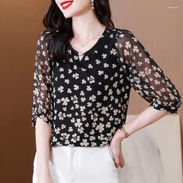 Women's Blouses Elegant Fashion Chiffon Blouse 2023 Spring Summer Pullovers Women Tops 3/4 Sleeve Floral Printed Shirt