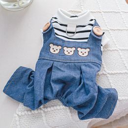 Dog Apparel Four-legged Excellent Cartoon Bear Pattern Pet Cat Denim Overalls Patchwork Jumpsuit Eye-catching Supplies