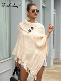 Women's Sweaters Fitshinling Irregular Bohemian Poncho Women Oversized Sweater Knitwear Buttons Winter Jumper Holiday Batwing Sleeve Cloak Cape L230718